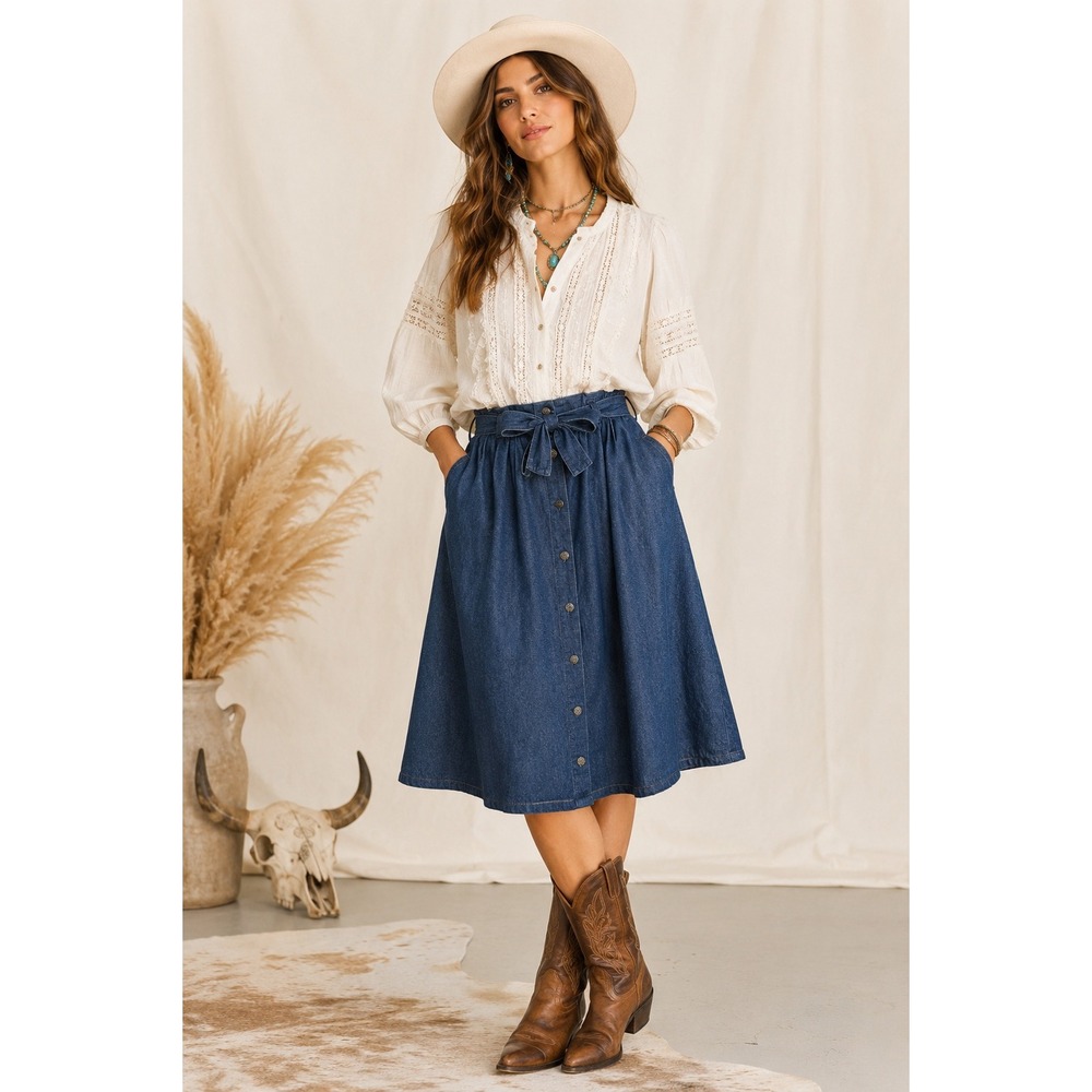 Vintage Denim Midi Skirt Western Boho Buttonfront Tie Pleated Cottagecore 10 90s